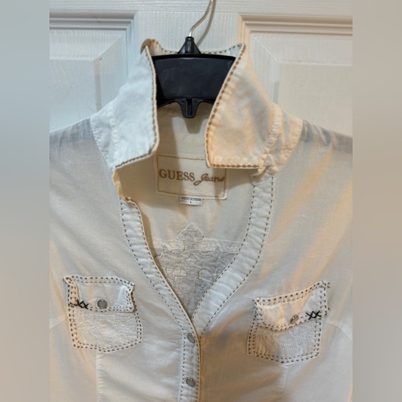 Vintage Guess Jeans White Snap Button Up Embroidered Cross Design moto goth - Picture 13 of 14